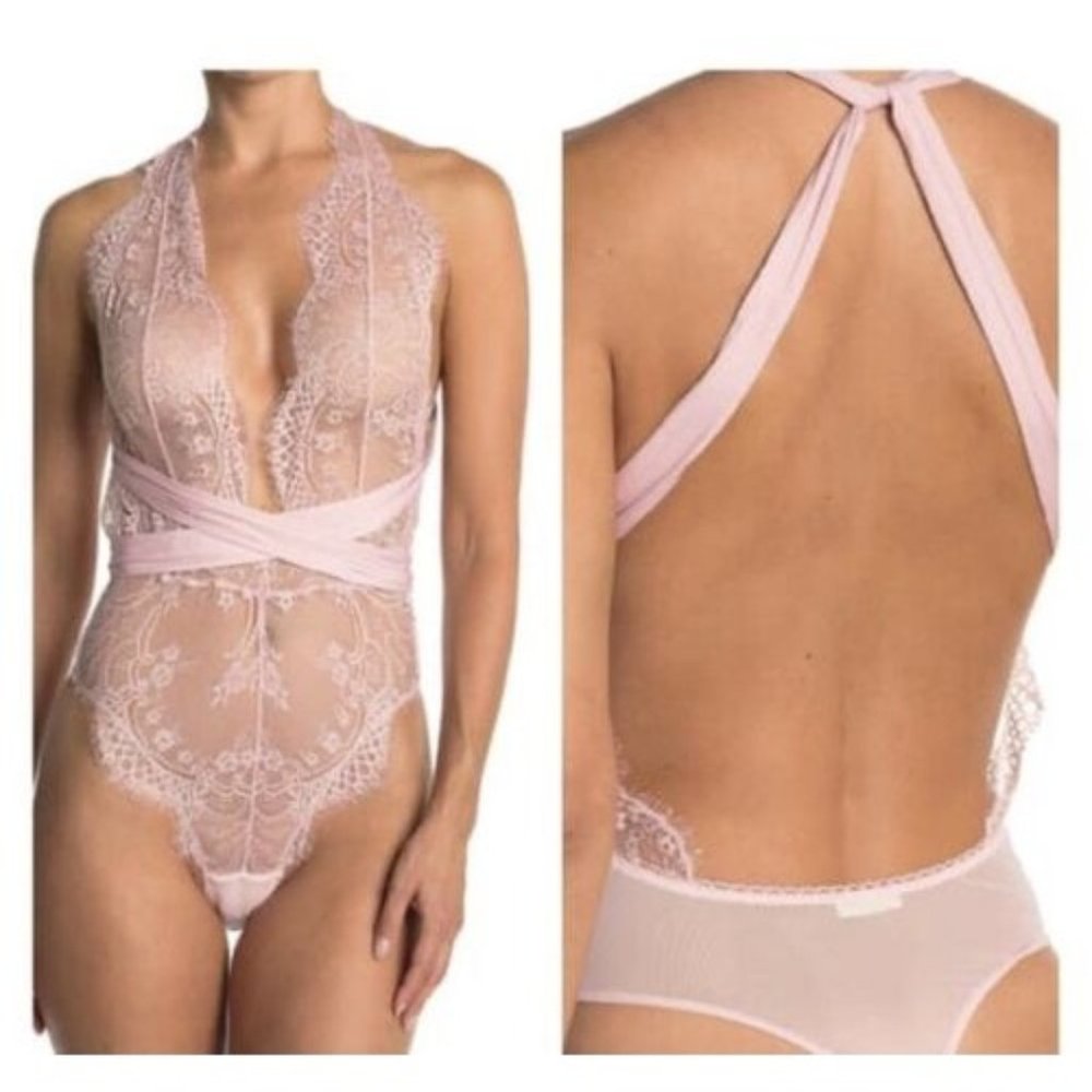 Free People Ballet Combo Pink Showoff Lace Bodysuit Plunge Neck